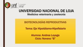 BIOTECNOLOGÍAS REPRODUCTIVAS
Tema: Eje Hipotálamo-Hipofisiario
Alumna: Andrea Loyaga
Ciclo: Noveno “B”
 
