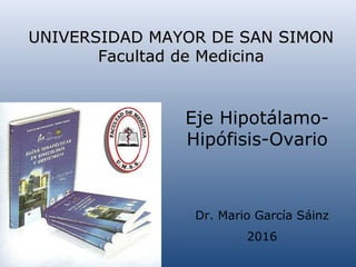 Eje Hipotálamo-
Hipófisis-Ovario
UNIVERSIDAD MAYOR DE SAN SIMONUNIVERSIDAD MAYOR DE SAN SIMON
Facultad de MedicinaFacultad de Medicina
Dr. Mario García Sáinz
2016
 