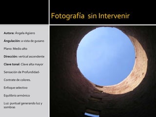 Fotografía  sin IntervenirAutora: Ángela AgüeroÁngulación: a vista de gusano Plano: Medio alto Dirección: vertical ascendente Clave tonal: Clave alta mayor Sensación de Profundidad- Contrate de colores. Enfoque selectivo Equilibrio armónico Luz: puntual generando luz y sombras 
