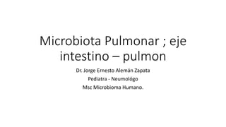 Microbiota Pulmonar ; eje
intestino – pulmon
Dr. Jorge Ernesto Alemán Zapata
Pediatra - Neumológo
Msc Microbioma Humano.
 