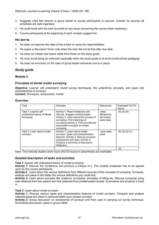 Electronic Journal e-Learning Volume 6 Issue 1 2008 (53 - 66) 
3. Suggests roles like weaver or group leader to course participants to assume. Overall, he ensures all schedules are well organised. 
4. He could liaise with the tutor by email on any issue concerning the course when necessary. 
5. Course participants at the beginning of each module suggest him. 
His don’ts 
1. He does not assume the roles of the e-tutor or usurp his responsibilities 
2. He opens a discussion forum only when the tutor did not do that after due date. 
3. He does not initiate new topics aside from those on the study guide. 
4. He must avoid being an instructor especially when the study guide is of socio-constructivist pedagogy. 
5. He does not encroach on the roles of group leader whenever one is in place. 
Study guide 
Module 2 
Principles of dental model surveying 
Objective: Learner will understand model survey techniques, the underlining concepts, and types and characteristics of surveyor 
Content: Surveyors, accessories, model. 
Overview 
Task 
Activities 
Resources 
Estimated ‘ECTS Hours’ 
Task 1: Learner will understand basics of Model Surveying. 
Activity 1: Read minilecture and discuss. Suggest module leader. Activity 2: Learn about the concept of surveying. Find meanings of surveying Activity 3: Find and discuss associated concepts on model surveying. 
www Minilecture Set books www www 
(5) (5) (8) 
Task 2: Learn about model surveyor. 
Activity 1: Learn about model surveyor, types and characteristics features. Activity 2: Discuss surveyor accessories and uses. Activity 3: Produce a summary of discussion. Reflection 
www www www 
(8) (3) (2) (1) 
32 
Note: The notional student work hours (ECTS hours) in parenthesis are estimates. 
Detailed description of tasks and activities 
Task 1: learner will understand basics of model surveying. 
Activity 1: Discuss the minilecture and produce a critique of it. The module moderator has to be agreed upon by the course participants. 
Activity 2: Learn about the various definitions from different sources of the concepts of surveying. Compare, analyse and place in the folder the various definitions you could find. 
Activity 3: Learn about concepts like undercut, surveyline, principles of tilting etc. Discuss surveying using cast obtained from live patient and that obtained from prefabricated moulds. Summarise and produce a hand in. 
Task 2: Learn about model surveyor. 
Activity 1: Discuss various types and characteristics features of model surveyor. Compare and analyse selected types and place in personal folder your chosen surveyor 
Activity 2: Group discussion on accessories of surveyor and their uses in carrying out survey technique. Summarise discussion, place in group folder. 
www.ejel.org 62 ©Academic Conferences Ltd 
 