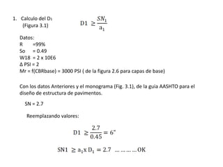 1. Calculo del D1
Datos:
R =99%
So = 0.49
W18 = 2 x 10E6
Δ PSI = 2
Mr = f(CBRbase) = 3000 PSI ( de la figura 2.6 para capas de base)
(Figura 3.1)
Con los datos Anteriores y el monograma (Fig. 3.1), de la guia AASHTO para el
diseño de estructura de pavimentos.
SN = 2.7
Reemplazando valores:
 