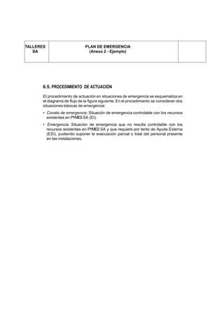 TALLERES                       PLAN DE EMERGENCIA
   SA                            (Anexo 2 - Ejemplo)




       6.5. PROCEDIMIENTO DE ACTUACIÓN

       El procedimiento de actuación en situaciones de emergencia se esquematiza en
       el diagrama de flujo de la figura siguiente. En el procedimiento se consideran dos
       situaciones básicas de emergencia:
       • Conato de emergencia: Situación de emergencia controlable con los recursos
         existentes en PYMES SA (EI).
       • Emergencia: Situación de emergencia que no resulta controlable con los
         recursos existentes en PYMES SA y que requiere por tanto de Ayuda Externa
         (ESI), pudiendo suponer la evacuación parcial o total del personal presente
         en las instalaciones.
 