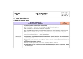 Ed: 06-11-00
 TALLERES                                        PLAN DE EMERGENCIA
                                                                                                                   Rev: 1/09-01-01
    SA                                             (Anexo 2 - Ejemplo)
                                                                                                                   Pag: 20 de 25


6.6. FICHAS DE INTERVENCIÓN
• Reverso (En todos los casos)

                                 FICHA DE INTERVENCIÓN                                                                 Rev. 1
                              PARA EL PERSONAL DE PYMES SA                                                           09-01-2001
                    ❑ Utilice los ceniceros. Fume sólo en las áreas permitidas.
                    ❑ No eche la ceniza ni los envases de productos químicos agotados en las papeleras.
                    ❑ No acerque focos de calor intensos a materiales combustibles.
                    ❑ No sobrecargue las tomas de corriente. Ante cualquier duda consulte con el Responsable de Mantenimiento.
                    ❑ Manipule con cuidado los productos químicos, especialmente los que tengan características peligrosas.


                    Compruebe en la actividad diaria de su ZONA DE INFLUENCIA:
  PREVENTIVAS       ❑ El estado de los equipos de emergencia (Ausencia de extintores, extintores defectuosos, falta de presión en BIE,
                      pulsadores rotos, etc)
                    ❑ El estado de las puertas y salidas de emergencia (Puertas de salida sin obstáculos, bloqueadas o cerradas con
                      llave)
                    ❑ El estado y contenido de los botiquines
                    ❑ Que los recorridos de evacuación se encuentran transitables y libres de obstáculos.
                    ❑ Que al final de la jornada no quedan conectados innecesariamente equipos eléctricos (Ordenadores, equipos
                      de laboratorio, etc).


                    SIEMPRE que detecte alguna deficiencia en los recursos de emergencia del Centro, comuníquelo INME-
                    DIATAMENTE al Responsable de Mantenimiento.
 