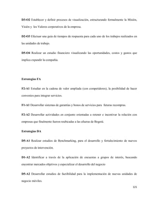 D3-O2 Establecer y definir procesos de visualización, estructurando formalmente la Misión,
Visión y los Valores corporativos de la empresa.
D2-O3 Efectuar una guía de tiempos de respuesta para cada uno de los trabajos realizados en
las unidades de trabajo.
D5-O4 Realizar un estudio financiero visualizando las oportunidades, costos y gastos que
implica expandir la compañía.

Estrategias FA
F2-A1 Estudiar en la cadena de valor ampliada (con competidores), la posibilidad de hacer
convenios para integrar servicios.
F1-A1 Desarrollar sistemas de garantías y bonos de servicios para futuras recompras.
F2-A2 Desarrollar actividades en conjunto orientadas a retener e incentivar la relación con
empresas que finalmente fueron reubicadas a las afueras de Bogotá.
Estrategias DA
D5-A1 Realizar estudios de Benchmarking, para el desarrollo y fortalecimiento de nuevos
proyectos de intervención.
D1-A2 Identificar a través de la aplicación de encuestas a grupos de interés, buscando
encontrar mercados objetivos y especializar el desarrollo del negocio
D5-A2 Desarrollar estudios de factibilidad para la implementación de nuevas unidades de
negocio móviles.
121

 
