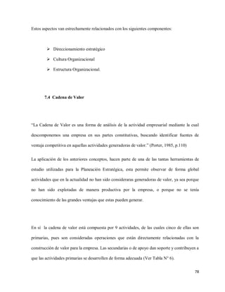 Estos aspectos van estrechamente relacionados con los siguientes componentes:

 Direccionamiento estratégico
 Cultura Organizacional
 Estructura Organizacional.

7.4 Cadena de Valor

“La Cadena de Valor es una forma de análisis de la actividad empresarial mediante la cual
descomponemos una empresa en sus partes constitutivas, buscando identificar fuentes de
ventaja competitiva en aquellas actividades generadoras de valor.” (Porter, 1985, p.110)
La aplicación de los anteriores conceptos, hacen parte de una de las tantas herramientas de
estudio utilizadas para la Planeación Estratégica, esta permite observar de forma global
actividades que en la actualidad no han sido consideraras generadoras de valor, ya sea porque
no han sido explotadas de manera productiva por la empresa, o porque no se tenía
conocimiento de las grandes ventajas que estas pueden generar.

En sí la cadena de valor está compuesta por 9 actividades, de las cuales cinco de ellas son
primarias, pues son consideradas operaciones que están directamente relacionadas con la
construcción de valor para la empresa. Las secundarias o de apoyo dan soporte y contribuyen a
que las actividades primarias se desarrollen de forma adecuada (Ver Tabla N° 6).
78

 