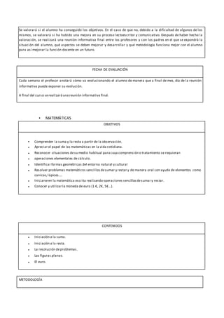 Se valorará si el alumno ha conseguido los objetivos. En el caso de que no, debido a la dificultad de algunos de los
mismos, se valorará si ha habido una mejora en su proceso lectoescritor y comunicativo. Después de haber hecho la
valoración, se realizará una reunión informativa final entre los profesores y con los padres en el que se expondrá la
situación del alumno, qué aspectos se deben mejorar y desarrollar y qué metodología funciona mejor con el alumno
para así mejorar la función docente en un futuro.
FECHA DE EVALUACIÓN
Cada semana el profesor anotará cómo va evolucionando el alumno de manera que a final de mes, día de la reunión
informativa pueda exponer su evolución.
A final del curso serealizaráuna reunión informativa final.
• MATEMÁTICAS
OBJETIVOS
• Comprender la suma y la resta a partir de la observación.
• Apreciar el papel de las matemáticas en la vida cotidiana.
• Reconocer situaciones desu medio habitual paracuya comprensión o tratamiento se requieran
• operaciones elementales de cálculo.
• Identificar formas geométricas del entorno natural y cultural
• Resolver problemas matemáticos sencillosdesumar y restar y de manera oral con ayuda de elementos como
canicas,lápices....
• Iniciarseen la matemática escrita realizando operaciones sencillasdesumar y restar.
• Conocer y utilizar la moneda de euro (1 €, 2€, 5€…).
CONTENIDOS
• Iniciación a la suma.
• Iniciación a la resta.
• La resolución deproblemas.
• Las figuras planas.
• El euro.
METODOLOGÍA
 