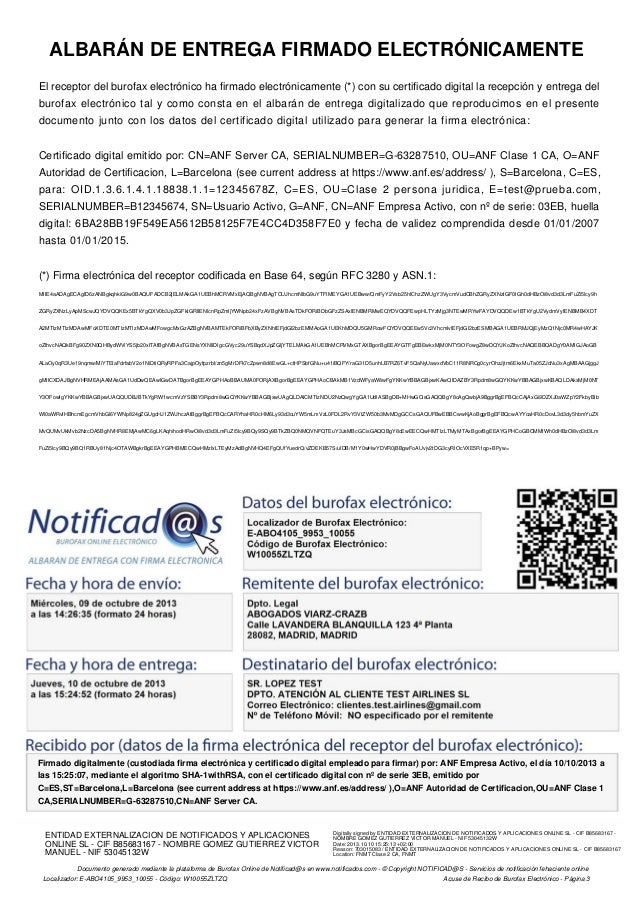 Ejemplo Acuse de Recibo de Burofax Electrónico creado en Notificads