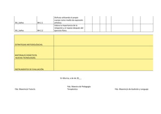 3EI_5años B4-2.1
Disfruta utilizando el propio
cuerpo como medio de expresión
artística.
3EI_5años B4-2.2
Valora la importancia de la
relajación y el reposo después del
ejercicio físico.
ESTRATEGIAS METODOLÓGICAS.
MATERIALES DIDÁCTICOS.
NUEVAS TECNOLOGÍAS.
INSTRUMENTOS DE EVALUACIÓN.
En Murcia, a de de 20_ _
Fdo. Maestro/a Tutor/a
Fdo. Maestra de Pedagogía
Terapéutica Fdo. Maestro/a de Audición y Lenguaje
 
