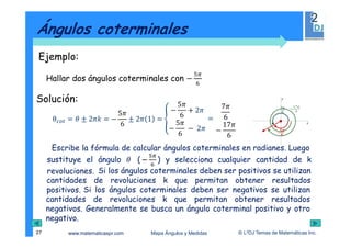 www.matematicaspr.com © L2DJ Temas de Matemáticas Inc.Mapa Ángulos y Medidas
Ángulos coterminales
27
θ;MN = + ± 2 P = −
5
6
± 2 1 = Q
−
5
6
+ 2
−
5
6
	− 	2
=
Solución:
Ejemplo:
Hallar dos ángulos coterminales con −
7
6
−
17
6
x
y
−
Luego
sustituye el ángulo + ( − ) y selecciona cualquier cantidad de k
revoluciones.
Escribe la fórmula de calcular ángulos coterminales en radianes.
Si los ángulos coterminales deben ser positivos se utilizan
cantidades de revoluciones k que permitan obtener resultados
positivos. Si los ángulos coterminales deben ser negativos se utilizan
cantidades de revoluciones k que permitan obtener resultados
negativos. Generalmente se busca un ángulo coterminal positivo y otro
negativo.
 