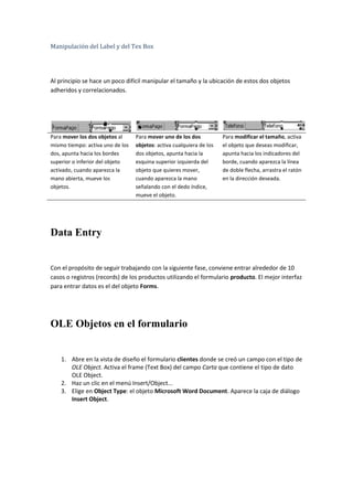 Manipulación del Label y del Tex Box




Al principio se hace un poco difícil manipular el tamaño y la ubicación de estos dos objetos
adheridos y correlacionados.




Para mover los dos objetos al     Para mover uno de los dos           Para modificar el tamaño, activa
mismo tiempo: activa uno de los   objetos: activa cualquiera de los   el objeto que deseas modificar,
dos, apunta hacia los bordes      dos objetos, apunta hacia la        apunta hacia los indicadores del
superior o inferior del objeto    esquina superior izquierda del      borde, cuando aparezca la línea
activado, cuando aparezca la      objeto que quieres mover,           de doble flecha, arrastra el ratón
mano abierta, mueve los           cuando aparezca la mano             en la dirección deseada.
objetos.                          señalando con el dedo índice,
                                  mueve el objeto.




Data Entry


Con el propósito de seguir trabajando con la siguiente fase, conviene entrar alrededor de 10
casos o registros (records) de los productos utilizando el formulario producto. El mejor interfaz
para entrar datos es el del objeto Forms.




OLE Objetos en el formulario


    1. Abre en la vista de diseño el formulario clientes donde se creó un campo con el tipo de
       OLE Object. Activa el frame (Text Box) del campo Carta que contiene el tipo de dato
       OLE Object.
    2. Haz un clic en el menú Insert/Object...
    3. Elige en Object Type: el objeto Microsoft Word Document. Aparece la caja de diálogo
       Insert Object.
 