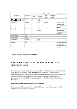Propiedades              Observaciones
                                   Primary              Input    Decimal
       Field Name      Data Type
                                     Key     Caption
                                                        Mask      Place
                       Text        Si        ID del
PedidoID                                     pedido
FechaPedido            Date/Time             Fecha      Short Date          Al entrar el Input
                                                                            Mask (mascarilla)
                                                                            guarda la tabla como
                                                                            pedidos.
ProductoID             Text                  ID                             Este campo se utiliza
                                             Producto                       para relacionar la
                                                                            tabla de producto con
                                                                            esta tabla.
NombreProducto         Text
CantidadPedido         Number
PrecioSuplidor         Currency              Precio                  2
                                             Supl
SuplidorID             Text                                                 Este campo se utiliza
                                                                            para relacionar la
                                                                            tabla de Suplidor con
                                                                            esta tabla.




Cierra la tabla y la nominas como pedidos.




CREAR DEL FORMULARIO DE SUPLIDORES CON UN
SUBFORMULARIO

Es sumamente sencillo la creación de un formulario y subformulario con la herramienta
Form Wizard. El asistente Form Wizard crea el formulario y subformulario
automáticamente una vez hayas elegido las tables e indicado la organización general de
tus datos. Sigue los siguientes pasos para crear el formulario y subformulario. El
formulario corresponderá a la tabla de Suplidores y el subformulario a la tabla de
Productos.

Relacióna la tabla Suplidor con la tabla Producto

Es necesario establecer la relación entre las tablas que vas a utilizar en el formulario y
subformulario, antes de crear el mismo.
 