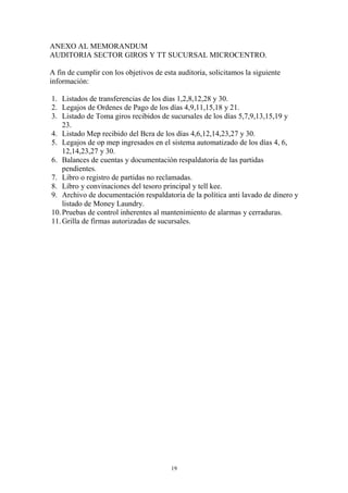 ANEXO AL MEMORANDUM 
AUDITORIA SECTOR GIROS Y TT SUCURSAL MICROCENTRO. 
A fin de cumplir con los objetivos de esta auditoria, solicitamos la siguiente 
información: 
1. Listados de transferencias de los días 1,2,8,12,28 y 30. 
2. Legajos de Ordenes de Pago de los días 4,9,11,15,18 y 21. 
3. Listado de Toma giros recibidos de sucursales de los días 5,7,9,13,15,19 y 
19 
23. 
4. Listado Mep recibido del Bcra de los días 4,6,12,14,23,27 y 30. 
5. Legajos de op mep ingresados en el sistema automatizado de los días 4, 6, 
12,14,23,27 y 30. 
6. Balances de cuentas y documentación respaldatoria de las partidas 
pendientes. 
7. Libro o registro de partidas no reclamadas. 
8. Libro y convinaciones del tesoro principal y tell kee. 
9. Archivo de documentación respaldatoria de la política anti lavado de dinero y 
listado de Money Laundry. 
10. Pruebas de control inherentes al mantenimiento de alarmas y cerraduras. 
11. Grilla de firmas autorizadas de sucursales. 
 