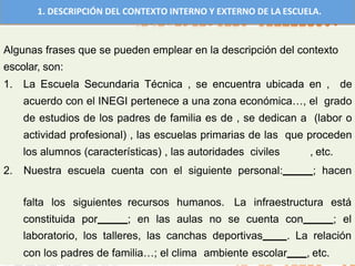 1. DESCRIPCIÓN DEL CONTEXTO INTERNO Y EXTERNO DE LA ESCUELA.
Algunas frases que se pueden emplear en la descripción del contexto
escolar, son:
1. La Escuela Secundaria Técnica , se encuentra ubicada en , de
acuerdo con el INEGI pertenece a una zona económica…, el grado
de estudios de los padres de familia es de , se dedican a (labor o
actividad profesional) , las escuelas primarias de las que proceden
los alumnos (características) , las autoridades civiles , etc.
2. Nuestra escuela cuenta con el siguiente personal: ; hacen
falta los siguientes recursos humanos.
constituida por ; en las aulas no
La infraestructura está
se cuenta con ; el
laboratorio, los talleres, las canchas deportivas . La relación
con los padres de familia…; el clima ambiente escolar , etc.
 