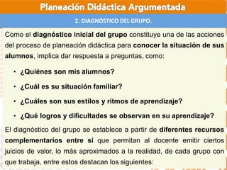 2. DIAGNÓSTICO DEL GRUPO.
Como el diagnóstico inicial del grupo constituye una de las acciones
del proceso de planeación didáctica para conocer la situación de sus
alumnos, implica dar respuesta a preguntas, como:
• ¿Quiénes son mis alumnos?
• ¿Cuál es su situación familiar?
• ¿Cuáles son sus estilos y ritmos de aprendizaje?
• ¿Qué logros y dificultades se observan en su aprendizaje?
El diagnóstico del grupo se establece a partir de diferentes recursos
complementarios entre sí que permitan al docente emitir ciertos
juicios de valor, lo más aproximados a la realidad, de cada grupo con
que trabaja, entre estos destacan los siguientes:
 