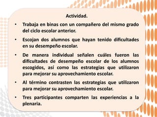 Actividad.
• Trabaja en binas con un compañero del mismo grado
del ciclo escolar anterior.
• Escojan dos alumnos que hayan tenido diﬁcultades
en su desempeño escolar.
• De manera individual señalen cuáles fueron las
diﬁcultades de desempeño escolar de los alumnos
escogidos, así como las estrategias que utilizaron
para mejorar su aprovechamiento escolar.
• Al término contrasten las estrategias que utilizaron
para mejorar su aprovechamiento escolar.
• Tres participantes comparten las experiencias a la
plenaria.
 