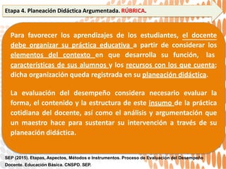 Etapa 4. Planeación Didáctica Argumentada. RÚBRICA.
Para favorecer los aprendizajes de los estudiantes, el docente
debe organizar su práctica educativa a partir de considerar los
elementos del contexto en que desarrolla su función, las
características de sus alumnos y los recursos con los que cuenta;
dicha organización queda registrada en su planeación didáctica.
La evaluación del desempeño considera necesario evaluar la
forma, el contenido y la estructura de este insumo de la práctica
cotidiana del docente, así como el análisis y argumentación que
un maestro hace para sustentar su intervención a través de su
planeación didáctica.
SEP (2015). Etapas, Aspectos, Métodos e Instrumentos. Proceso de Evaluación del Desempeño
Docente. Educación Básica. CNSPD. SEP.
 
