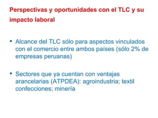 Perspectivas y oportunidades con el TLC y su impacto laboral   Alcance del TLC sólo para aspectos vinculados con el comercio entre ambos países (sólo 2% de empresas peruanas) Sectores que ya cuentan con ventajas arancelarias (ATPDEA): agroindustria; textil confecciones; minería 