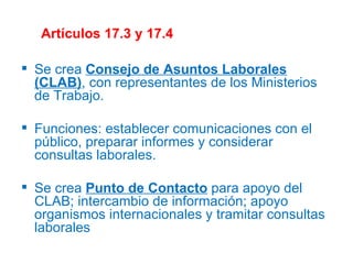 Artículos 17.3 y 17.4 Se crea  Consejo de Asuntos Laborales (CLAB) , con representantes de los Ministerios de Trabajo. Funciones: establecer comunicaciones con el público, preparar informes y considerar consultas laborales. Se crea  Punto de Contacto  para apoyo del CLAB; intercambio de información; apoyo organismos internacionales y tramitar consultas laborales 