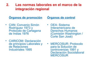 2. Las normas laborales en el marco de la  integración regional Órganos de promoción CAN: Convenio Simón Rodríguez 1973 y Protocolo de Cartagena de Indias 1976 CARICOM: Declaración de principios Laborales y de Relaciones Industriales 1995 Órganos de control OEA: Sistema Interamericano de Derechos Humanos (Comisión Washington / Corte San José) MERCOSUR: Protocolo para la Solución de controversias 1991 y Declaración Sociolaboral MERCOSUR 