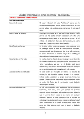 ANÁLISIS ESTRUCTURAL DEL SECTOR INDUSTRIAL - COLCHONES S.A.
AMENAZA DE NUEVOS COMPETIDORES
Barreras de Entrada
Economía de escala                    El sector industrial del rubro “colchones” cuenta con la
                                      infraestructura necesaria para la producción en escala, lo cual
                                      permite utilizar esta ventaja como una barrera de entrada al
                                      sector.
Diferenciación de producto            Los productos de este sector son todos muy similares, razón
                                      por la cual no resulta atractivo establecer para ellos una
                                      estrategia de diferenciación, a no ser que se apunte y se dé
                                      énfasis a la calidad en el proceso de fabricación, se podría
                                      lograr esto a través de la certificación ISO 9001.
Identificación de Marcas              En el sector existen varias marcas para estos productos, pero
                                      sin embargo, sobre la base de investigaciones realizadas,
                                      hemos detectado que el consumidor final no se guía mucho por
                                      las marcas al momento de decidir la compra de su colchón, por
                                      tanto consideramos este aspecto poco atractivo.
Costo Cambio del Proveedor            No resulta atractivo el costo de cambio de proveedor teniendo
                                      en cuenta que los insumos y materias primas son obtenidos de
                                      varios    proveedores,   ya   sea   en   el   ámbito   local   como
                                      internacional, lo que hace más compleja la decisión de optar
                                      por el cambio de alguno de ellos y también más costosa.
Acceso a canales de distribución      En este sector es manejable el sistema de canales de
                                      distribución, las empresas pueden acceder a los mismos,
                                      incluso pueden establecer su propio canal con transportes
                                      propios o tercerizando el flete de los productos hasta el punto
                                      de venta. Este factor, por lo mencionado, resulta bastante
                                      atractivo para el sector.
Acceso a materias primas              Es más bien restringido, pues algunas de ellas se consiguen
                                      localmente, pero otras, como por ejemplo los químicos
                                      utilizados para la espumación, son obtenidos de otros países, lo
                                      que no permite tener acceso a las mismas en cualquier
                                      momento. Además, se debe considerar que al importar las
                                      materias primas las transacciones se realizan en dólares, lo cual
                                      afecta directamente a los costos de fabricación. Desde este
                                      punto de vista podemos decir que el sector es bastante
                                      atractivo.


                                                2
 