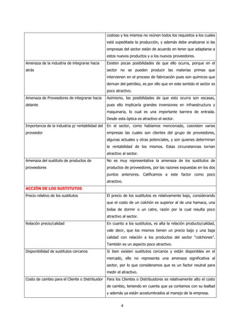 costoso y los mismos no reúnen todos los requisitos a los cuales
                                                  está supeditada la producción, y además debe analizarse si las
                                                  empresas del sector están de acuerdo en tener que adaptarse a
                                                  estos nuevos productos y a los nuevos proveedores.
Amenaza de la industria de integrarse hacia       Existen pocas posibilidades de que ello ocurra, porque en el
atrás                                             sector no se pueden producir las materias primas que
                                                  intervienen en el proceso de fabricación pues son químicos que
                                                  derivan del petróleo, es por ello que en este sentido el sector es
                                                  poco atractivo.
Amenaza de Proveedores de integrarse hacia        Asimismo, las posibilidades de que esto ocurra son escasas,
delante                                           pues ello implicaría grandes inversiones en infraestructura y
                                                  maquinaria, lo cual es una importante barrera de entrada.
                                                  Desde esta óptica es atractivo el sector.
Importancia de la industria p/ rentabilidad del   En el sector, como habíamos mencionado, coexisten varias
proveedor                                         empresas las cuales son clientes del grupo de proveedores,
                                                  algunas actuales y otras potenciales, y son quienes determinan
                                                  la rentabilidad de los mismos. Estas circunstancias tornan
                                                  atractivo al sector.
Amenaza del sustituto de productos de             No es muy representativa la amenaza de los sustitutos de
proveedores                                       productos de proveedores, por las razones expuestas en los dos
                                                  puntos anteriores. Calificamos a este factor como poco
                                                  atractivo.
ACCIÓN DE LOS SUSTITUTOS
Precio relativo de los sustitutos                 El precio de los sustitutos es relativamente bajo, considerando
                                                  que el costo de un colchón es superior al de una hamaca, una
                                                  bolsa de dormir o un catre, razón por la cual resulta poco
                                                  atractivo al sector.
Relación precio/calidad                           En cuanto a los sustitutos, es alta la relación producto/calidad,
                                                  vale decir, que los mismos tienen un precio bajo y una baja
                                                  calidad con relación a los productos del sector “colchones”.
                                                  También es un aspecto poco atractivo.
Disponibilidad de sustitutos cercanos             Si bien existen sustitutos cercanos y están disponibles en el
                                                  mercado, ello no representa una amenaza significativa al
                                                  sector, por lo que consideramos que es un factor neutral para
                                                  medir el atractivo.
Costo de cambio para el Cliente o Distribuidor    Para los Clientes o Distribuidores es relativamente alto el costo
                                                  de cambio, teniendo en cuenta que ya contamos con su lealtad
                                                  y además ya están acostumbrados al manejo de la empresa.


                                                           4
 