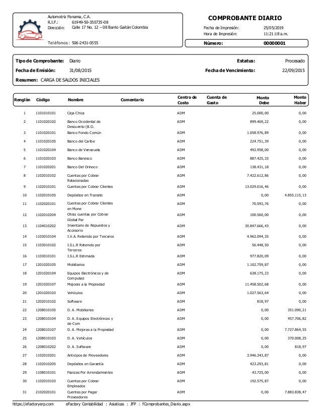Ejemplo de Asientos Contable de Carga