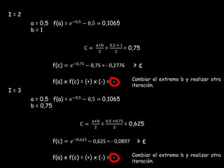 I = 2
C =
a+b
2
=
0,5 + 1
2
= 0,75
a = 0,5 f(a) = 𝑒−0,5
− 0,5 = 0,1065
b = 1
f(c) = 𝑒−0,75 − 0,75 = - 0,2776 > ε
f(a) x f(c) = (+) x (-) = - Cambiar el extremo b y realizar otra
iteración.
I = 3
C =
a+b
2
=
0,5 +0,75
2
= 0,625
a = 0,5 f(a) = 𝑒−0,5
− 0,5 = 0,1065
b = 0,75
f(c) = 𝑒−0,625
− 0,625 = - 0,0897 > ε
f(a) x f(c) = (+) x (-) = - Cambiar el extremo b y realizar otra
iteración.
 