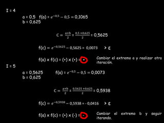 I = 4
C =
a+b
2
=
0,5 +0,625
2
= 0,5625
a = 0,5 f(a) = 𝑒−0,5
− 0,5 = 0,1065
b = 0,625
f(c) = 𝑒−0,5625 − 0,5625 = 0,0073 > ε
f(a) x f(c) = (+) x (+) = + Cambiar el extremo a y realizar otra
iteración.
I = 5
C =
a+b
2
=
0,5625 +0,625
2
= 0,5938
a = 0,5625 f(a) = 𝑒−0,5
− 0,5 = 0,0073
b = 0,625
f(c) = 𝑒−0,5938
− 0,5938 = - 0,0416 > ε
f(a) x f(c) = (+) x (-) = - Cambiar el extremo b y seguir
iterando.
 