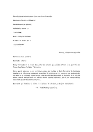 Ejemplo de carta de contestación a una oferta de empleo