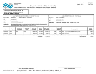 Zero Corporation 08/09/2015
4:45:41PMPágina 1 de 2Compras
Comprobante de Retención de ISLR de Proveedores (AT)
Emisión: Desde 01/01/2015 Hasta 08/09/2015; Ordenado por: Código Proveedor Ascendente
Comprobante de Retención de I.S.L.R.
Gaceta Oficial Nº 36.206 del 12/05/1997
Decreto Nº 1808 del 23/04/1997
00000007 Material Medico QuirurgicoProveedor:
RIF:
NIT:
Dirección:
j454555545
000000000000wqeqwerq
savdgvsagdgsadvsavnfnbhdsbhghfdvhhdsfhsjdjshhdfhdhfdhsfdsfdfdjfkdfjdfd
hfjdjkfdfdjfjdjfdfdfhdfhdfhdfjdhfdfjdjkfh ssdgsdgsgsdg
Empresa:
RIF:
Dirección:
Zero Corporation
J-0102030405-9
10470 NW 26 Street, Doral, Florida 33172, USA.
Fecha Tipo
Monto
Abonado
Monto del
Documento
Base Objeto
de Retención
Porcentaje
Retenido
Concepto de ISLR
Monto
Retenido
SUJETO RETENIDO (PROVEEDOR / BENEFICIARIO) AGENTE DE RETENCIÓN (EMPRESA)
Sustraendo
Número del
Documento
Número de
Control
05/09/2015 FACT 108.640,00 108.640,00 100.000,00 5,40 RJG1: RJG: Concepto de Retención de Prueba 5.360,0040,00XXXXXXXX
05/09/2015 FACT 20.098,40 20.098,40 18.500,00 5,20 HON: Honorarios 962,000,00
Total Base: Total Retenido:118.500,00 6.322,00
www.factorysoft.com.ve eFactory Administrativo : ZERO : JFP : rCRetencion_ISLRProveedores_TUR.aspx (TUR_PAG_01)
Firma del BeneficiarioFirma del Agente de Retención
 