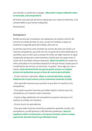 una estrella, un puño con un pulgar…(Muy bien! ninguna objeción sobre
lo mostrado, está estupendo!!).
He hecho este ejercicio de forma rápida para ver, hasta el momento, si he
comprendido lo que hemos trabajando.
Hasta pronto
Participante 6
Perdón Aurora por la tardanza, yo trabajo por las noches y este fin de
semana he estado de obra en casa, así que he tardado un poco en
contestar la segunda parte del trabajo, pero ahí va:
Lo primero que haría sería recordar las normas de clase con Carlos y el
resto de compañeros, para ello me iría a la parte de la clase dedicada a la
asamblea, que en este caso y aunque los niños son algo mayores se sigue
respetando porque por suerte tenemos a Carlos que nos exige tener el
rincón de la asamblea siempre dispuesto. (Qué maravilla!) Con todos los
niños colocados en la asamblea repasaría la HS que hemos creado para el
cumplimiento de normas, en este caso "no gritar". Sería algo así, más o
menos: (Este planteamiento me parece genial aunque se trabajen
primero las palabrotas ya que se hace de manera generalizada).
- El cole venimos a aprender. (Aquí es correcto pluralizar, porque
hablamos de la clase entera y no le crearíamos confusión al niño).
- Para aprender tenemos que escuchar lo que dice mi maestra y mis
compañeros.
- Para poder escuchar tenemos que hablar bajito e intentar que mis
compañeros y mi maestra estén contentos.
- Si grito y digo palabrotas mis compañeros se ponen nerviosos y mi
maestra se enfada con nosotros.
- Si esto ocurre no aprendemos.
- Para que todos estemos contentos y podamos aprender mucho, mis
compañeros y yo NO gritamos y NO decimos palabrotas. (Aquí las
negativas están en mayúsculas y me parece correcto, como un toque
especial de atención hacia lo que NO debe hacer)
 