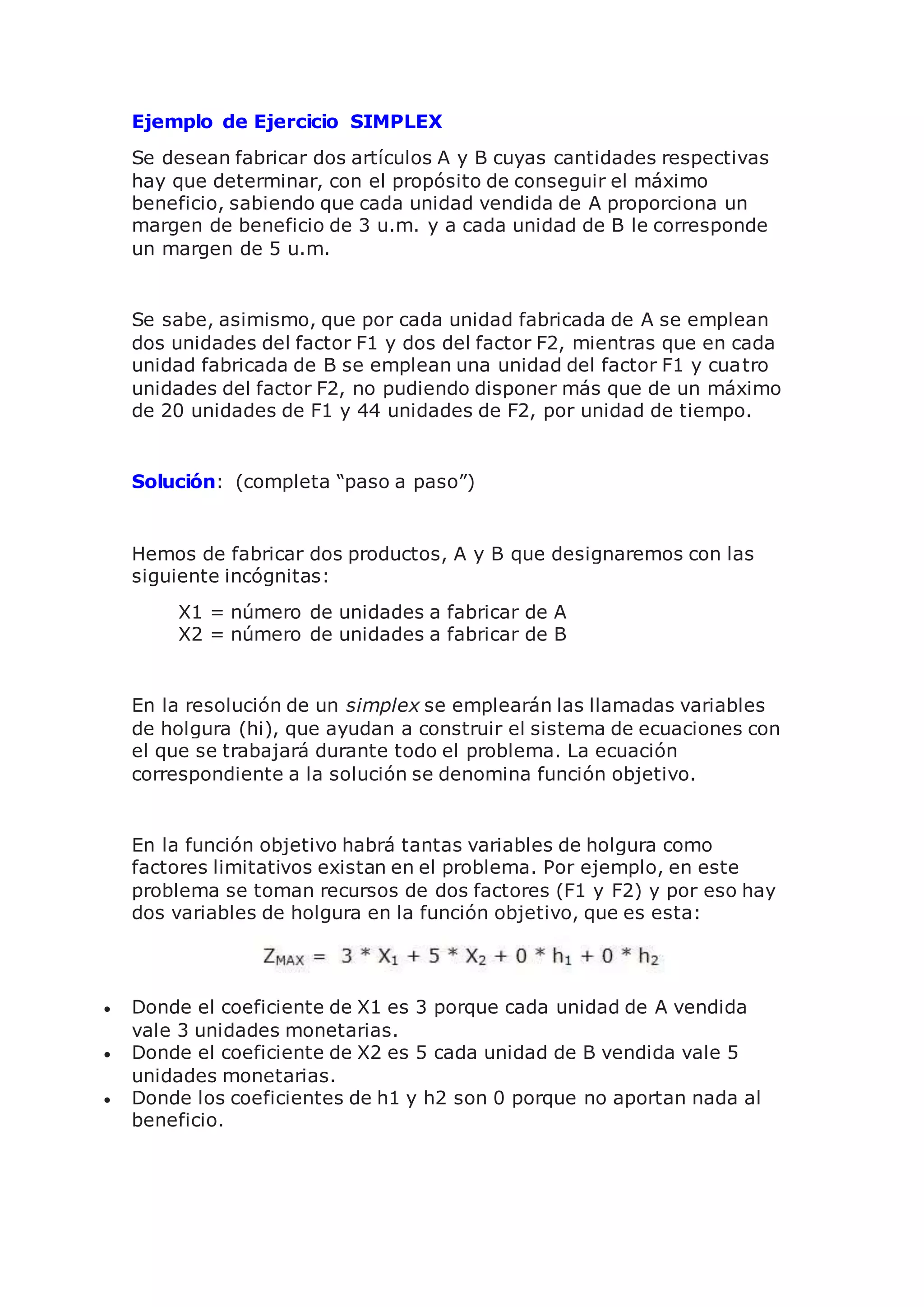 Simplex Se Ejemplo de ejercicio simplex | DOCX