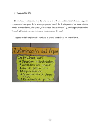 101
 Recurso No. 23-24
El estudiante cuenta con un libro de texto que le sirve de apoyo, al inicio se le formula preguntas
exploratorias con ayuda de la paleta preguntona con el fin de diagnosticar los conocimientos
previos acerca del tema, tales como: ¿Han visto un río contaminado? ¿Cómo se puede contaminar
el agua? ¿Cómo afecta a las personas la contaminación del agua?
Luego se inicia la explicación a través de un cuento y se finaliza con una reflexión.
 