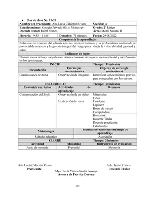 103
 Plan de clase No. 25-26
Nombre del Practicante: Ana Lucía Calderón Rivera Sección: A
Establecimiento: Colegio Privado Mixto Monterrey Grado: 2º Básico
Docente titular: Isabel Franco Área: Medio Natural II
Horario: 9:55 – 11:05 Duración: 70 minutos Fecha: 29/08/2022
Competencia de aprendizaje
Relaciona los recursos del planeta con sus procesos internos y la problemática ambiental, su
potencial de amenaza y la gestión integral del riesgo para reducir la vulnerabilidad personal y
local
Indicador de logro
Discute acerca de las principales actividades humanas de impacto socioambiental y su influencia
en los ecosistemas.
INICIO Tiempo: 10 minutos
Presentación
Estrategias
motivacionales
Objetivo de estrategia
motivacional
Generalidades del tema Observación de imágenes Identificar conocimientos previos
para conectarlos con los nuevos.
DESARROLLO Tiempo: 40 minutos
Contenido curricular Actividades de
aprendizaje
Recursos
Contaminación del Suelo Observación de un video
Explicación del tema
Materiales:
Libro
Cuaderno
Lapicero
Hojas de trabajo
Computadora
Humanos:
Docente Titular
Docente practicante
Estudiantes
Metodología
Técnicas/herramienta/estrategia de
aprendizaje
Método Inductivo Asociación
CIERRE Tiempo: 20minutos
Actividad Modalidad Instrumento de evaluación
Juego de memoria Presencial Memoria
Ana Lucía Calderón Rivera Lcda. Isabel Franco
Practicante Docente Titular
Mgtr. Perla Violeta Santis Arreaga
Asesora de Práctica Docente
 