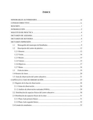 ÍNDICE
HONORABLES AUTORIDADES ...............................................................................................iii
CONSEJO DIRECTIVO ............................................................................................................... iv
RESUMEN ..................................................................................................................................... 1
INTRODUCCIÓN.......................................................................................................................... 2
SOLICITUD DE PRÁCTICA ........................................................................................................ 4
DICTAMEN DE ASESORA.......................................................................................................... 5
DICTAMEN DE REVISORA........................................................................................................ 6
DICTAMEN IMPRESIÓN............................................................................................................. 7
1.1 Monografía del municipio de Retalhuleu......................................................................... 9
1.2 Descripción del centro de práctica ................................................................................. 12
1.2.1 Historia ......................................................................................................................... 12
1.2.2 Visión............................................................................................................................ 14
1.2.3 Misión........................................................................................................................... 15
1.2.4 Valores.......................................................................................................................... 15
1.2.6 Objetivos....................................................................................................................... 17
1.2.7 Metas ............................................................................................................................ 18
1.3 Ficha de datos................................................................................................................. 19
1.4 Horario de clases ................................................................................................................. 20
1.5 Guía de observación del centro educativo.......................................................................... 21
CAPÍTULO II. FASE DE OBSERVACIÓN................................................................................ 23
2.1 Registro de la fase de observación ...................................................................................... 24
2.1.1 Guías de observación.................................................................................................... 24
2.1.2 Análisis de observación realizada (FODA).................................................................. 29
2.2. Distribución de espacios físicos del centro educativo........................................................ 30
2.3 Distribución de espacios físicos de la clase ........................................................................ 31
2.3.1 Plano Aula primero básico ........................................................................................... 31
2.3.2 Plano Aula segundo básico........................................................................................... 32
2.4 Listado de estudiantes ......................................................................................................... 33
 