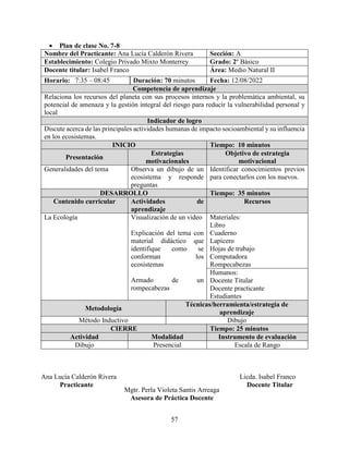 57
 Plan de clase No. 7-8
Nombre del Practicante: Ana Lucía Calderón Rivera Sección: A
Establecimiento: Colegio Privado Mixto Monterrey Grado: 2º Básico
Docente titular: Isabel Franco Área: Medio Natural II
Horario: 7:35 – 08:45 Duración: 70 minutos Fecha: 12/08/2022
Competencia de aprendizaje
Relaciona los recursos del planeta con sus procesos internos y la problemática ambiental, su
potencial de amenaza y la gestión integral del riesgo para reducir la vulnerabilidad personal y
local
Indicador de logro
Discute acerca de las principales actividades humanas de impacto socioambiental y su influencia
en los ecosistemas.
INICIO Tiempo: 10 minutos
Presentación
Estrategias
motivacionales
Objetivo de estrategia
motivacional
Generalidades del tema Observa un dibujo de un
ecosistema y responde
preguntas
Identificar conocimientos previos
para conectarlos con los nuevos.
DESARROLLO Tiempo: 35 minutos
Contenido curricular Actividades de
aprendizaje
Recursos
La Ecología Visualización de un video
Explicación del tema con
material didáctico que
identifique como se
conforman los
ecosistemas
Armado de un
rompecabezas
Materiales:
Libro
Cuaderno
Lapicero
Hojas de trabajo
Computadora
Rompecabezas
Humanos:
Docente Titular
Docente practicante
Estudiantes
Metodología
Técnicas/herramienta/estrategia de
aprendizaje
Método Inductivo Dibujo
CIERRE Tiempo: 25 minutos
Actividad Modalidad Instrumento de evaluación
Dibujo Presencial Escala de Rango
Ana Lucía Calderón Rivera Licda. Isabel Franco
Practicante Docente Titular
Mgtr. Perla Violeta Santis Arreaga
Asesora de Práctica Docente
 