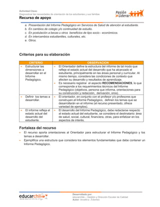 Actividad Clave:
Diagnosticar las necesidades de orientación de los estudiantes y sus familias
Recurso de apoyo
Desarrollado por:
educarchile – Gestión y Dirección Escolar de Calidad
Autor: Angélica Zulantay
a. Presentación del Informe Pedagógico en Servicios de Salud de atención al estudiante.
b. En cambios de colegio y/o continuidad de estudio.
c. En postulación a becas u otros beneficios de tipo socio - económicos.
d. En intercambios estudiantiles, culturales, etc.
e. Otros.
Criterios para su elaboración
CRITERIO OBSERVACION
 Estructurar las
dimensiones a
desarrollar en el
Informe
Pedagógico.
 El Orientador define la estructura del informe de tal modo que
refleje el estado actual del desarrollo que ha alcanzado el
estudiante, principalmente en las áreas personal y curricular. Al
mismo tiempo, considera las condiciones de contexto que
afecten su desarrollo y resultados de aprendizaje.
 Es necesario registrar el aspecto RECOMENDACIONES, lo que
corresponde a los requerimientos técnicos del Informe
Pedagógico (objetivos, persona que informa, orientaciones para
su construcción y redacción, derivación, oros).
 Definir los temas a
desarrollar.
 El orientador, en conjunto con el profesor y/o profesores que
construyen el Informe Pedagógico, definen los temas que se
desarrollarán en el informe (el recurso presentado, ofrece
variedad de ejemplos).
 El informe refleja el
estado actual del
desarrollo del
estudiante.
 El desarrollo del Informe Pedagógico, debe redactarse respecto
al estado actual del estudiante, se considera el destinatario: área
de salud, social, cultural, financiera, otras, para enfatizar en los
aspectos de interés.
Fortaleza del recurso
 El recurso aporta orientaciones al Orientador para estructurar el Informe Pedagógico y los
temas a desarrollar.
 Ejemplifica una estructura que considera los elementos fundamentales que debe contener un
Informe Pedagógico.
 