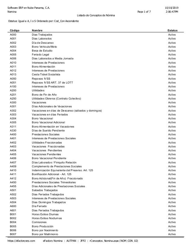 Ejemplo De Listado De Conceptos De Nominas De Trabajadores En Efactor