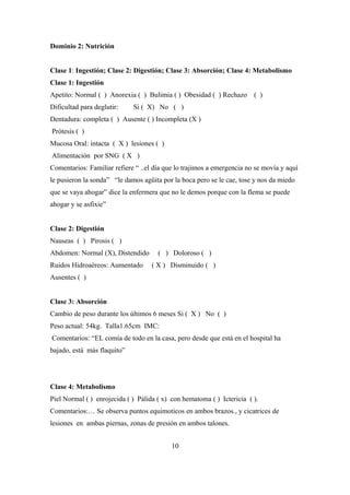 Dominio 2: Nutrición
Clase 1: Ingestión; Clase 2: Digestión; Clase 3: Absorción; Clase 4: Metabolismo
Clase 1: Ingestión
Apetito: Normal ( ) Anorexia ( ) Bulimia ( ) Obesidad ( ) Rechazo ( )
Dificultad para deglutir: Si ( X) No ( )
Dentadura: completa ( ) Ausente ( ) Incompleta (X )
Prótesis ( )
Mucosa Oral: intacta ( X ) lesiones ( )
Alimentación por SNG ( X )
Comentarios: Familiar refiere “ ..el día que lo trajimos a emergencia no se movía y aquí
le pusieron la sonda” “le damos agüita por la boca pero se le cae, tose y nos da miedo
que se vaya ahogar” dice la enfermera que no le demos porque con la flema se puede
ahogar y se asfixie”
Clase 2: Digestión
Nauseas ( ) Pirosis ( )
Abdomen: Normal (X), Distendido ( ) Doloroso ( )
Ruidos Hidroaéreos: Aumentado ( X ) Disminuido ( )
Ausentes ( )
Clase 3: Absorción
Cambio de peso durante los últimos 6 meses Si ( X ) No ( )
Peso actual: 54kg. Talla1.65cm IMC:
Comentarios: “EL comía de todo en la casa, pero desde que está en el hospital ha
bajado, está más flaquito”
Clase 4: Metabolismo
Piel Normal ( ) enrojecida ( ) Pálida ( x) con hematoma ( ) Ictericia ( ).
Comentarios:… Se observa puntos equimoticos en ambos brazos., y cicatrices de
lesiones en ambas piernas, zonas de presión en ambos talones.
10
 