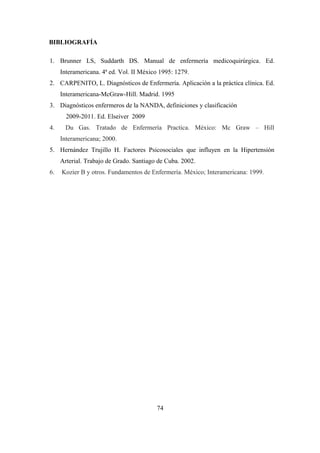 BIBLIOGRAFÍA
1. Brunner LS, Suddarth DS. Manual de enfermería medicoquirúrgica. Ed.
Interamericana. 4ª ed. Vol. II México 1995: 1279.
2. CARPENITO, L. Diagnósticos de Enfermería. Aplicación a la práctica clínica. Ed.
Interamericana-McGraw-Hill. Madrid. 1995
3. Diagnósticos enfermeros de la NANDA, definiciones y clasificación
2009-2011. Ed. Elseiver 2009
4. Du Gas. Tratado de Enfermería Practica. México: Mc Graw – Hill
Interamericana; 2000.
5. Hernández Trujillo H. Factores Psicosociales que influyen en la Hipertensión
Arterial. Trabajo de Grado. Santiago de Cuba. 2002.
6. Kozier B y otros. Fundamentos de Enfermería. México; Interamericana: 1999.
74
 