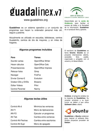 www.guadalinex.org                                    Desarrollado   por   la  Junta   de 
                                                                          Andalucía,   para   facilitar   el 
                                                                          acceso   de   todos  a   la   Sociedad 
Guadalinex  es   un   sistema   operativo   y   un   conjunto   de        de   la   Información,  Guadalinex 
programas   que   hacen   tu   ordenador   personal   más   útil,         es un producto libre y gratuito.
seguro y potente.

Actualmente  es utilizado en escuelas, bibliotecas, centros 
Guadalinfo,   centros   de   día   de   mayores,   y   en   miles   de 
hogares.


             Algunos programas incluidos                                  El   escritorio   de  Guadalinex  se 
                                                                          llama  Gnome.  Gnome  es   un 
                                                                          proyecto   internacional,   abierto, 
 Para                            Tienes                                   accesible,   libre,   usable, 
                                                                          organizado   y   amigable   con   el 
 Escribir cartas                 OpenOffice Writer                        usuario y el desarrollador.

 Hacer cálculos                  OpenOffice Calc
 Presentaciones                  OpenOffice Impress
 Retocar fotos                   Gimp
 Navegar                         FireFox
 Enviar Correo­E                 Evolution
 Grabar­CDs y DVDs               Brasero
 Editar Videos                   Pitivi
 Control Parental                Nanny


                                                                          Andatuz, el pinguino andaluz es 
                                                                          la   mascota   de  Guadalinex.   Su 
                    Algunas teclas útiles
                                                                          caracter   amistoso   y   su   buen 
                                                                          humor   se   deben   a   que   utiliza 
                                                                          Software Libre a diario.
 Control­Alt­d                  Minimiza las ventanas
 Alt­F1                         Menú de Aplicaciones
 Alft­F2                        Ejecutar un programas
                                                                          Guadalinex y Ubuntu colaboran 
 Alt­Tab                        Cambia entre ventanas
                                                                          para   mejorar   el   software   libre. 
 Control­Alt­Flechas            Cambia entre escritorios                  Ambos   proyectos   proceden   de 
                                                                          Debian.
 Control­Alt­Supr               Menú de apagado
 
