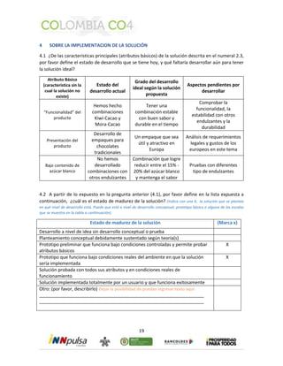 4 SOBRE LA IMPLEMENTACION DE LA SOLUCIÓN 
4.1 ¿De las características principales (atributos básicos) de la solución descrita en el numeral 2.3, 
por favor define el estado de desarrollo que se tiene hoy, y qué faltaría desarrollar aún para tener 
la solución ideal? 
19 
Atributo Básico 
(característica sin la 
cual la solución no 
existe) 
Estado del 
desarrollo actual 
Grado del desarrollo 
ideal según la solución 
propuesta 
Aspectos pendientes por 
desarrollar 
“Funcionalidad” del 
producto 
Hemos hecho 
combinaciones 
Kiwi-Cacao y 
Mora-Cacao 
Tener una 
combinación estable 
con buen sabor y 
durable en el tiempo 
Comprobar la 
funcionalidad, la 
estabilidad con otros 
endulzantes y la 
durabilidad 
Presentación del 
producto 
Desarrollo de 
empaques para 
chocolates 
tradicionales 
Un empaque que sea 
útil y atractivo en 
Europa 
Análisis de requerimientos 
legales y gustos de los 
europeos en este tema 
Bajo contenido de 
azúcar blanco 
No hemos 
desarrollado 
combinaciones con 
otros endulzantes 
Combinación que logre 
reducir entre el 15% - 
20% del azúcar blanco 
y mantenga el sabor 
Pruebas con diferentes 
tipo de endulzantes 
4.2 A partir de lo expuesto en la pregunta anterior (4.1), por favor define en la lista expuesta a 
continuación, ¿cuál es el estado de madurez de la solución? (Indica con una X, la solución que se plantea 
en qué nivel de desarrollo está. Puede que esté a nivel de desarrollo conceptual, prototipo básico o alguna de las escalas 
que se muestra en la tabla a continuación). 
Estado de madurez de la solución (Marca x) 
Desarrollo a nivel de idea sin desarrollo conceptual o prueba 
Planteamiento conceptual debidamente sustentado según teoría(s) 
Prototipo preliminar que funciona bajo condiciones controladas y permite probar 
atributos básicos 
X 
Prototipo que funciona bajo condiciones reales del ambiente en que la solución 
sería implementada 
X 
Solución probada con todos sus atributos y en condiciones reales de 
funcionamiento 
Solución implementada totalmente por un usuario y que funciona exitosamente 
Otro: (por favor, describirlo) Dejar la posibilidad de puedan ingresar texto aquí 
_________________________________________________________________ 
_________________________________________________________________ 
 