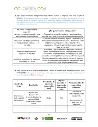 4.3 ¿Qué otros desarrollos complementarios debería realizar la empresa líder para adoptar la 
solución? (Se consideran complementarios porque es importante que la empresa líder los realice pero no se 
contemplan dentro de la solución o alcance de la solución que presenta el solucionador. Algunos ejemplos de 
desarrollos complementarios son: infraestructura, modelo de negocio, incorporación de normativas ambientales o 
sectoriales, nuevos proceso, otros) 
20 
Desarrollo complementario 
requerido 
¿Por qué se requiere este desarrollo? 
Inversión en equipos especiales para 
la combinación de ingredientes 
Éste es el eje central del producto y la empresa debe 
asegurar que contará con la tecnología para su desarrollo 
Planeación estratégica y comercial 
de introducción del producto en el 
mercado 
La concepción de un modelo de negocio y en especial, la 
definición de canales de comunicación y distribución serán 
importantes para que más allá de la calidad de la 
propuesta de valor, se tengan condiciones de hacerla 
llegar al mercado 
Definición de proveedores 
especiales de insumos 
Más allá del cacao y del azúcar, la empresa requerirá 
definir proveedores especiales como de frutas secas y 
endulzantes. Dependiendo del tipo de empaque, éste 
proveedor también podría requerir una definición especial 
Análisis de condiciones de productos 
alimenticios en Europa 
Nuestra organización no tiene conocimiento de aspectos 
legales de exportación, presentación, manipulación, uso, 
distribución y otras actividades en Europa. 
4.4 ¿Qué riesgos técnicos se podrían presentar cuando la solución esté probada por parte de la 
empresa líder? (Es importante considerar que estos riesgos corresponden al momento en que la solución ya esté 
desarrollada y probada) Máximo 10 riesgos 
Nombre del 
riesgo 
Descripción 
Probabilidad de 
ocurrencia 
(Alto, medio, 
bajo) 
impacto 
esperado, si 
se presenta 
(Alto, medio, 
bajo) 
Posibles medidas de 
prevención o 
mitigación 
Disminución 
de la vida útil 
del producto 
Impacto en la 
duración del 
producto debido a la 
estacionalidad 
(invierno-verano) en 
Europa 
Medio Alto 
Evaluación a 
profundidad durante 
el desarrollo. 
Mejoramiento de 
condiciones de 
empaque 
 