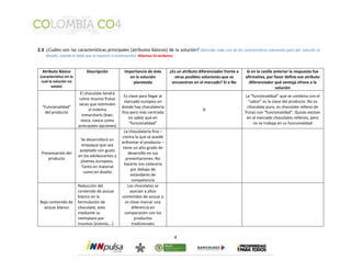 2.3 ¿Cuáles son las características principales (atributos básicos) de la solución? (Describe cada una de las características relevantes para dar solución al 
4 
desafío, usando la tabla que se muestra a continuación). Máximo 10 atributos 
Atributo Básico 
(característica sin la 
cual la solución no 
existe) 
Descripción Importancia de éste 
en la solución 
planteada 
¿Es un atributo diferenciador frente a 
otras posibles soluciones que se 
encuentran en el mercado? Sí o No 
Si en la casilla anterior la respuesta fue 
afirmativa, por favor define ese atributo 
diferenciador qué ventaja ofrece a la 
solución 
“Funcionalidad” 
del producto 
El chocolate tendrá 
como insumo frutas 
secas que estimulen 
el sistema 
inmunitario (kiwi, 
mora, nance como 
principales opciones) 
Es clave para llegar al 
mercado europeo en 
donde hay chocolatería 
fina pero más centrada 
en sabor que en 
“funcionalidad” 
Si 
La “funcionalidad” que se combina con el 
“sabor” es la clave del producto. No es 
chocolate puro, es chocolate relleno de 
frutas con “funcionalidad”. Quizás existan 
en el mercado chocolates rellenos, pero 
no se trabaja en su funcionalidad 
Presentación del 
producto 
Se desarrollará un 
empaque que sea 
aceptado con gusto 
en los adolescentes y 
jóvenes europeos. 
Tanto en material 
como en diseño 
La chocolatería fina – 
contra la que se puede 
enfrentar el producto – 
tiene un alto grado de 
desarrollo en sus 
presentaciones. No 
hacerlo nos colocaría 
por debajo de 
estándares de 
competencia 
Bajo contenido de 
azúcar blanco 
Reducción del 
contenido de azúcar 
blanco en la 
formulación de 
chocolate, esto 
mediante su 
reemplazo por 
insumos (estevia,…) 
Los chocolates se 
asocian a altos 
contenidos de azúcar y 
es clave marcar una 
diferencia en 
comparación con los 
productos 
tradicionales 
 
