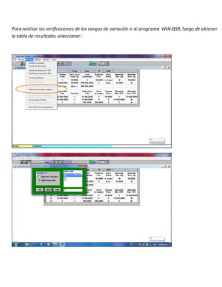 Para realizar las verificaciones de los rangos de variación ir al programa WIN QSB, luego de obtener
la tabla de resultados seleccionar::
 