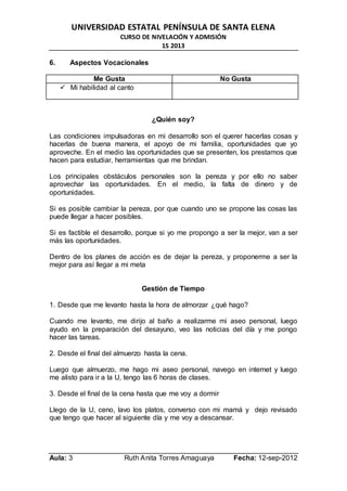 UNIVERSIDAD ESTATAL PENÍNSULA DE SANTA ELENA
CURSO DE NIVELACIÓN Y ADMISIÓN
1S 2013
Aula: 3 Ruth Anita Torres Amaguaya Fecha: 12-sep-2012
6. Aspectos Vocacionales
Me Gusta No Gusta
 Mi habilidad al canto
¿Quién soy?
Las condiciones impulsadoras en mi desarrollo son el querer hacerlas cosas y
hacerlas de buena manera, el apoyo de mi familia, oportunidades que yo
aproveche. En el medio las oportunidades que se presenten, los prestamos que
hacen para estudiar, herramientas que me brindan.
Los principales obstáculos personales son la pereza y por ello no saber
aprovechar las oportunidades. En el medio, la falta de dinero y de
oportunidades.
Si es posible cambiar la pereza, por que cuando uno se propone las cosas las
puede llegar a hacer posibles.
Si es factible el desarrollo, porque si yo me propongo a ser la mejor, van a ser
más las oportunidades.
Dentro de los planes de acción es de dejar la pereza, y proponerme a ser la
mejor para así llegar a mi meta
Gestión de Tiempo
1. Desde que me levanto hasta la hora de almorzar ¿qué hago?
Cuando me levanto, me dirijo al baño a realizarme mi aseo personal, luego
ayudo en la preparación del desayuno, veo las noticias del día y me pongo
hacer las tareas.
2. Desde el final del almuerzo hasta la cena.
Luego que almuerzo, me hago mi aseo personal, navego en internet y luego
me alisto para ir a la U, tengo las 6 horas de clases.
3. Desde el final de la cena hasta que me voy a dormir
Llego de la U, ceno, lavo los platos, converso con mi mamá y dejo revisado
que tengo que hacer al siguiente día y me voy a descansar.
 