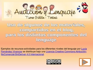 Ejemplos de recursos-actividades para los diferentes niveles del lenguaje por Lucía
Fernández Vivancos se distribuye bajo una Licencia Creative Commons Atribución-
NoComercial-SinDerivar 4.0 Internacional.
 