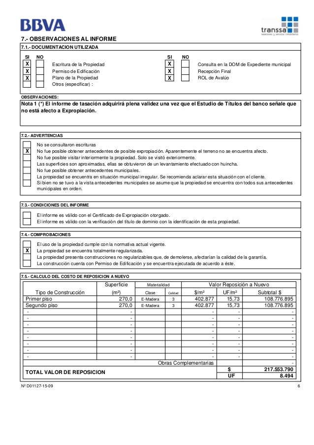Ejemplo de tasación
