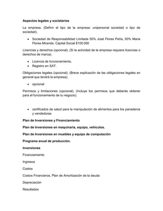 Aspectos legales y societarios

La empresa. (Definir el tipo de la empresa: unipersonal sociedad o tipo de
sociedad).

      Sociedad de Responsabilidad Limitada 50% José Flores Peña, 50% Maria
      Flores Miranda. Capital Social $100.000

Licencias y derechos (opcional). (Si la actividad de la empresa requiere licencias o
derechos de marca).

      Licencia de funcionamiento.
      Registro en SAT.

Obligaciones legales (opcional). (Breve explicación de las obligaciones legales en
general que tendrá la empresa).

      opcional

Permisos y limitaciones (opcional). (Incluye los permisos que deberás obtener
para el funcionamiento de tu negocio).



      certificados de salud para la manipulación de alimentos para los panaderos
      y vendedoras

Plan de Inversiones y Financiamiento

Plan de Inversiones en maquinaria, equipo, vehículos.

Plan de Inversiones en muebles y equipo de computación

Programa anual de producción.

Inversiones

Financiamiento

Ingresos

Costos

Costos Financieros, Plan de Amortización de la deuda

Depreciación

Resultados
 
